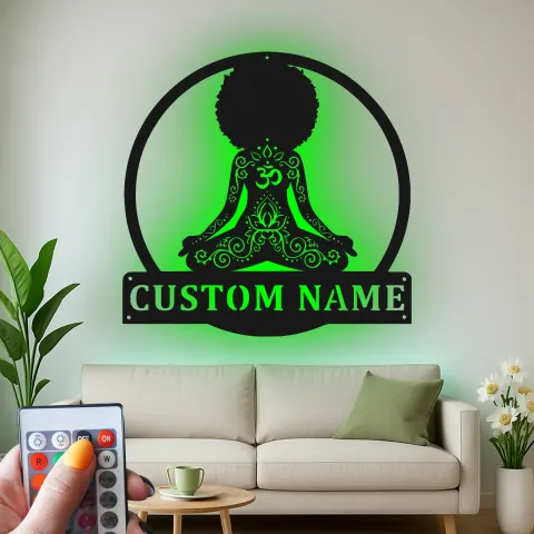 Personalisierte LED-beleuchtete Metall-Wandkunst für meditierende Frauen – Geschenk für Yoga-Liebhaber, Zen-Raum oder Meditationsbereich-Dekor alternative Ansicht