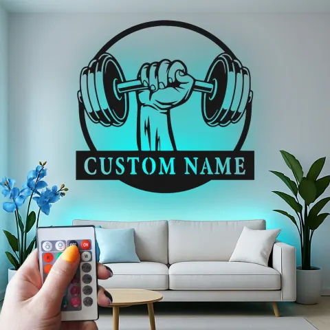 Vue alternative de Décoration murale en métal avec rétroéclairage LED en forme de haltère