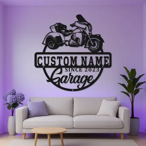 Personalisierte Trike Motorrad Garagenschild | Individuelles LED Metall-Wandkunst | Vintage Biker Dekor für Männer alternative Ansicht