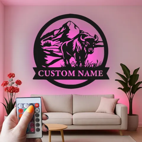 Custom Bison Mountain Led Light Metal Wall Art Personalized Wildlife Gift Rustic Living Room Decor alternate view