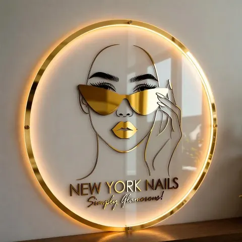 Personalisiertes Rundes Acryl-LED-Schild | Personalisierter Gold-Metallic-Glanz für Nagelsalons, Schönheitstudios & Spas | Glamouröses Geschäftsdécor