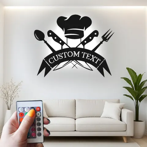 Vue alternative de Décoration murale en métal personnalisée Chapeau de Chef et Ustensiles avec rétroéclairage LED