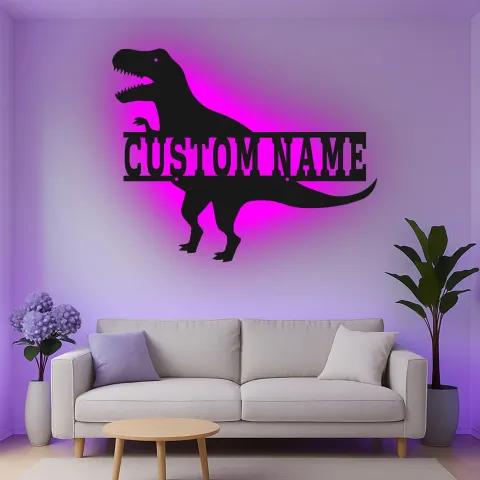 Vista alternativa di Insegna in metallo personalizzata T-Rex con luce LED regalo per la camera dei bambini decorazione per amanti dei dinosauri