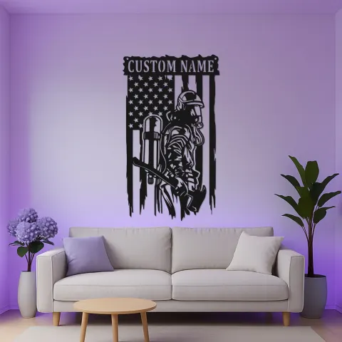 Vista alternativa di Insegna in Metallo LED Personalizzata per Vigile del Fuoco | Arte Murale Bandiera Americana | Regalo Personalizzato per Pompiere per Lui | Decorazione Eroica