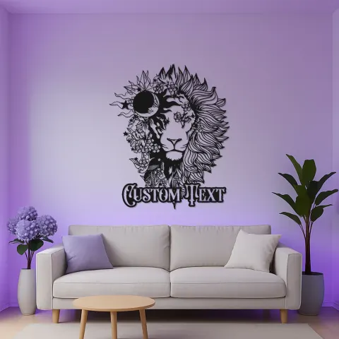 Lion Metal Wall Art with LED Light | Custom Floral Name Sign | Boho Celestial Wildlife Decor for Home & Office alternate view
