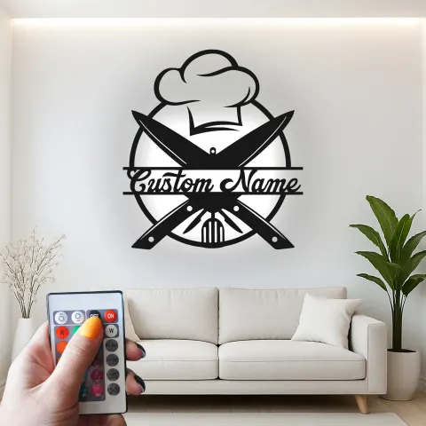 Custom Chef Hat and Utensils Led Light Metal Wall Art Personalized Kitchen Gift for Cooks Culinary Wall Decor alternate view