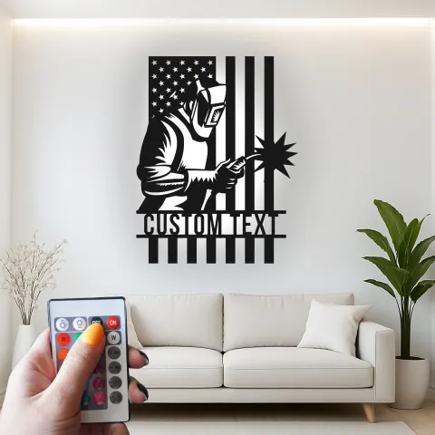 Vue alternative de Décoration murale en métal personnalisée avec soudeur et drapeau américain, lumière LED, cadeau personnalisé pour les ateliers de soudeurs