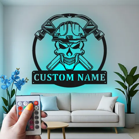 Vista alternativa di Insegna in metallo LED Skull Firefighter | Arte murale personalizzata per pompiere | Decorazione per stazione dei pompieri e man cave