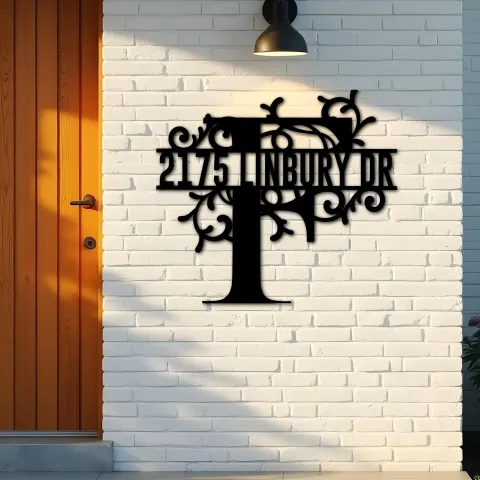 Vue alternative de Custom Metal Floral Monogram Split Letter F Metal Address Sign House number Hanging Address Plaque Yard Sign Outdoor decor