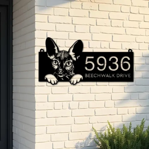 Custom Metal Sphynx Cute peeking cat kitten Metal Address Sign, House number, Outdoor Number Signage, Yard Sign Address Plate
