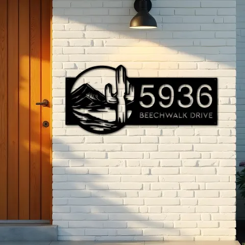 Vista alternativa de Custom Metal Cactus mountain scene wild life Metal Address Sign, House number, Outdoor Number Signage, Yard Sign Address Plate