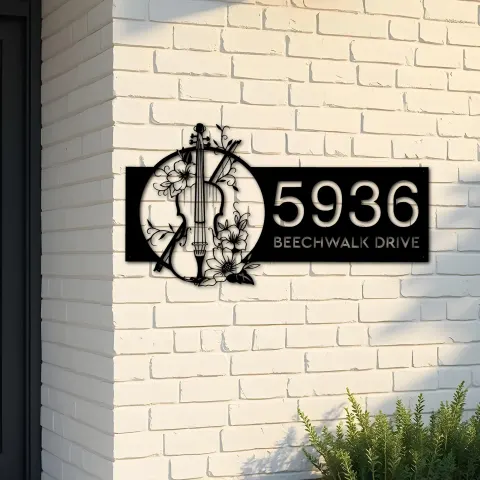 Custom Metal Floral Violin Violin player Metal Address Sign, House number, Outdoor Number Signage, Yard Sign Address Plate