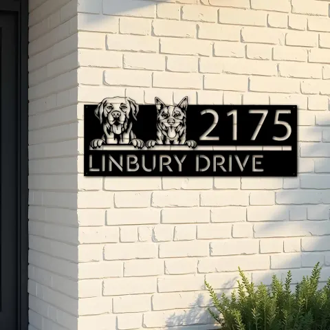 Custom Metal Red heeler and labrador dogs puppy Metal Address Sign House number Hanging Address Plaque Yard Sign Outdoor decor