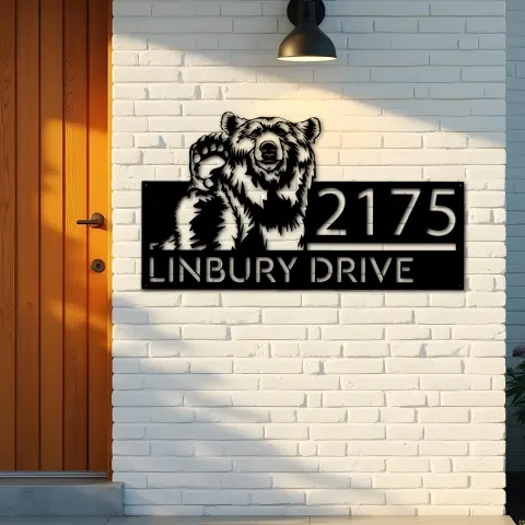 Vue alternative de Custom Metal Grizzly Bear Metal Address Sign, House number, Outdoor Number Signage, Yard Sign Address Plate001