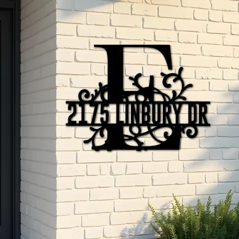 Custom Metal Floral Monogram Split Letter E Metal Address Sign House number Hanging Address Plaque Yard Sign Outdoor decor