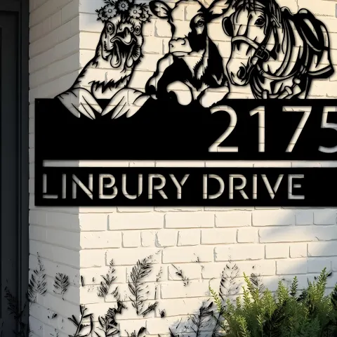 Custom Metal Chicken Cow horse farmhouse farm animals Metal Address Sign, House number, Outdoor Number Signage, Yard Sign Address Plate