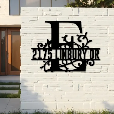 Vue alternative de Custom Metal Floral Monogram Split Letter E Metal Address Sign House number Hanging Address Plaque Yard Sign Outdoor decor