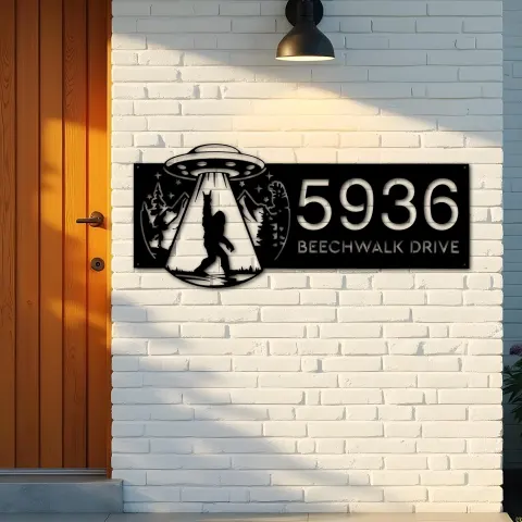 Vista alternativa de Custom Metal Bigfoot Sasquatch UFO Metal Address Sign, House number, Outdoor Number Signage, Yard Sign Address Plate