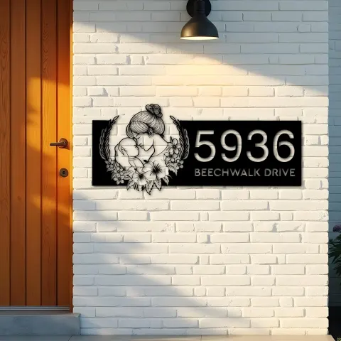 Vue alternative de Custom Metal Floral Mom And Baby Metal Address Sign, House number, Outdoor Number Signage, Yard Sign Address Plate