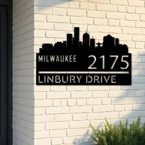 Custom Metal Milwaukee city skyline Metal Address Sign Hanging Address Plaque house number Yard Outdoor Sign