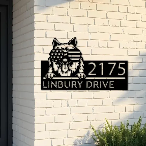 Custom Metal Keeshond dog US flag glasses Metal Address Sign House number Hanging Address Plaque Yard Sign Outdoor decor