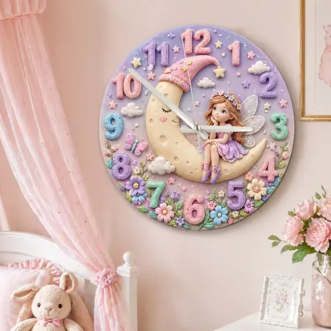 Magische Fee auf dem Mond Wanduhr für Kinderzimmer | Pastellblumen Dekor für das Kinderzimmer, Verspieltes Geschenk für Mädchen (34,5 cm) alternative Ansicht