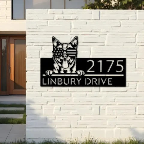 Vista alternativa de Custom Metal Red heeler dog US flag glasses Metal Address Sign House number Hanging Address Plaque Yard Sign Outdoor decor
