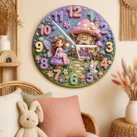 Feen Pilzhaus Wanduhr für Kinderzimmer | Verwunschene Wald Dekoration für das Kinderzimmer, Geburtstagsgeschenk für Mädchen (34,5 cm) alternative Ansicht