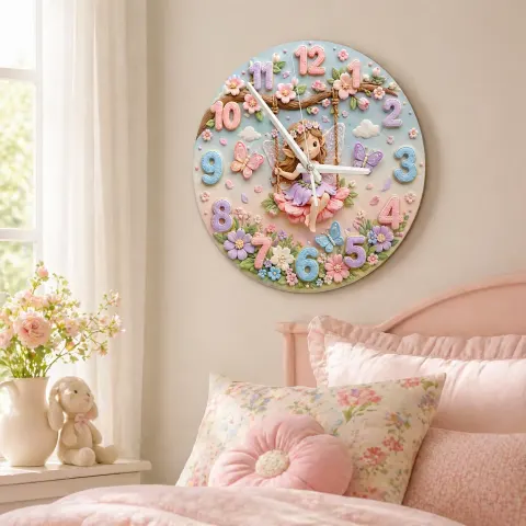 Verzauberte Feenschaukel Wanduhr für Kinderzimmer | Pastellblumen Schmetterlings Dekor für das Kinderzimmer, Andenken für Mädchen (34,5 cm)