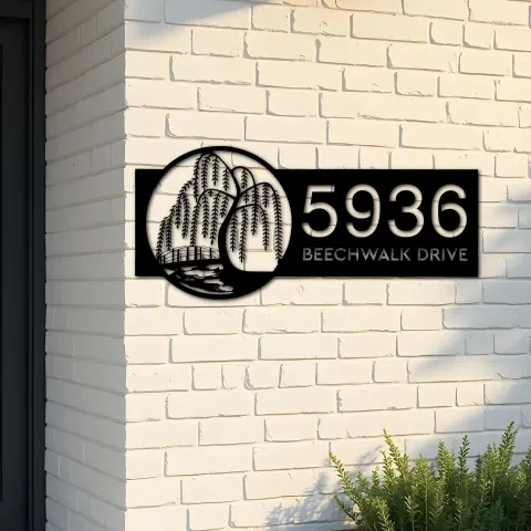 Custom Metal Scene with willow tree river Metal Address Sign, House number, Outdoor Number Signage, Yard Sign Address Plate