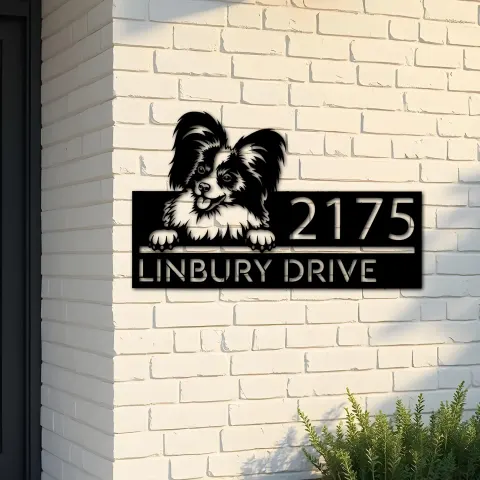 Custom Metal Papillon dog Puppy Metal Address Sign House number Hanging Address Plaque Yard Sign Outdoor decor