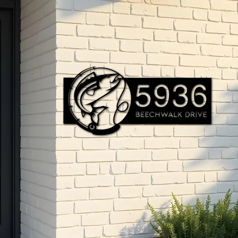 Custom Metal Fish Fishing rod Metal Address Sign Custom House number Hanging Address Plaque Yard Sign Outdoor