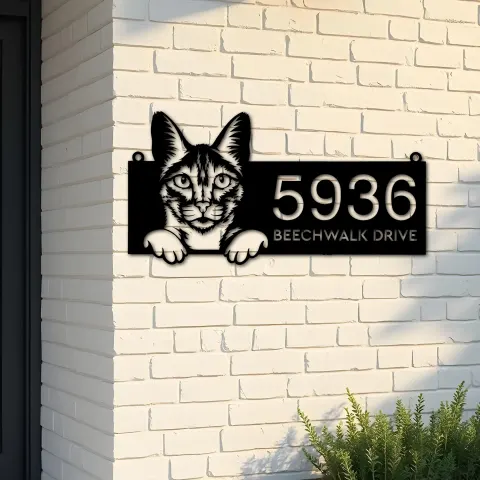 Custom Metal Savannah Cute peeking cat kitten Metal Address Sign, House number, Outdoor Number Signage, Yard Sign Address Plate