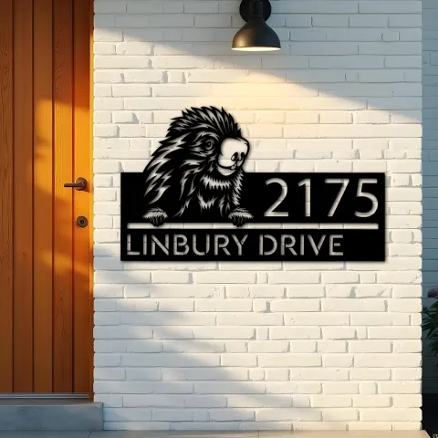 Vista alternativa de Custom Metal Peeking Porcupine Wild animal wildlife Metal Address Sign, House number, Outdoor Number Signage, Yard Sign Address Plate