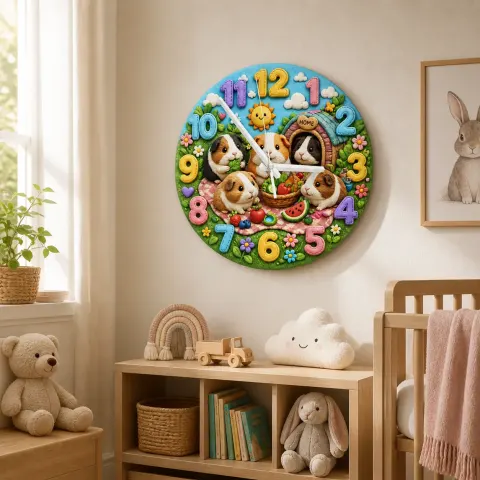Wanduhr für Kinderzimmer mit Meerschweinchen-Picknick | Süße Haustier-Nursery-Dekoration, Babyparty-Geburtstagsgeschenk für Mädchen und Jungen (34,5 cm)