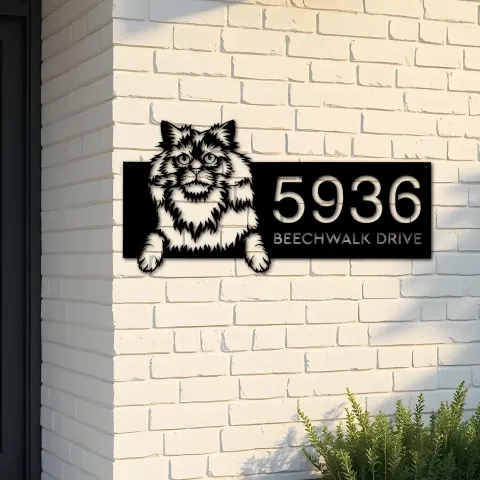 Custom Metal Selkirk rex Cute peeking cat kitten Metal Address Sign, House number, Outdoor Number Signage, Yard Sign Address Plate