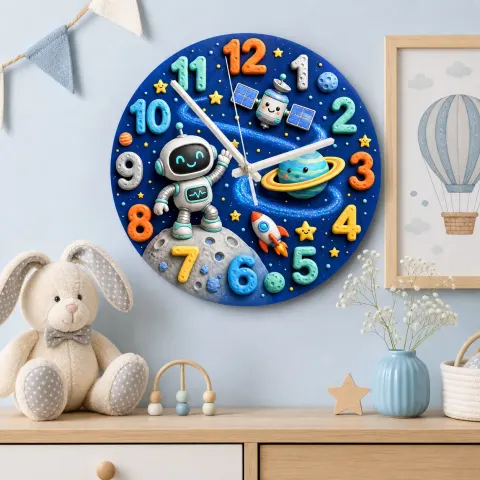 Wanduhren für Kinderzimmer mit Astronauten-Roboter | Magische Weltraum-Dekoration für das Kinderzimmer, Galaxie-Planet Geschenk für Jungen (34,5 cm)