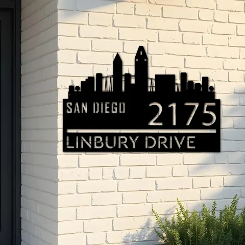 Custom Metal San Diego city skyline Metal Address Sign Hanging Address Plaque house number Yard Outdoor Sign