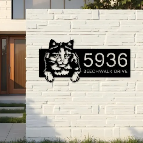 Vista alternativa de Custom Metal Tortoiseshell Cute peeking cat Metal Address Sign, House number, Outdoor Number Signage, Yard Sign Address Plate