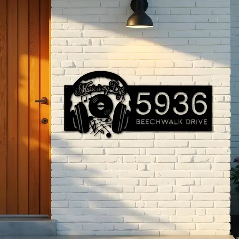 Vue alternative de Custom Metal Music is my life headset Metal Address Sign Custom House number Hanging Address Plaque Yard Sign Outdoor