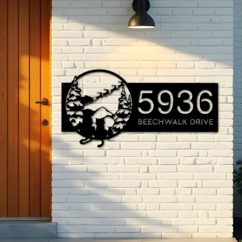 Vista alternativa de Custom Metal Christmas Dog cat Santa Claus on sleigh Metal Address Sign, House number, Outdoor Number Signage, Yard Sign Address Plate
