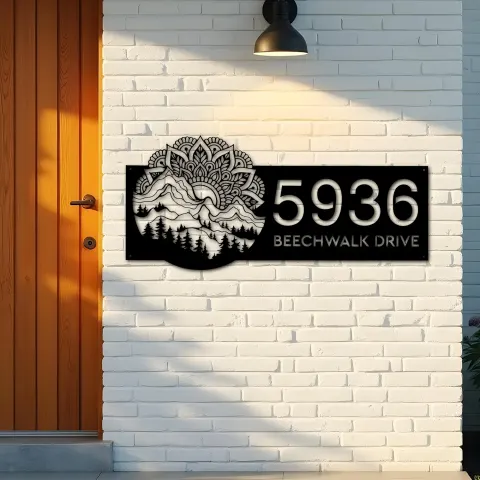 Vue alternative de Custom Metal Mountain scene wild life Metal Address Sign, House number, Outdoor Number Signage, Yard Sign Address Plate