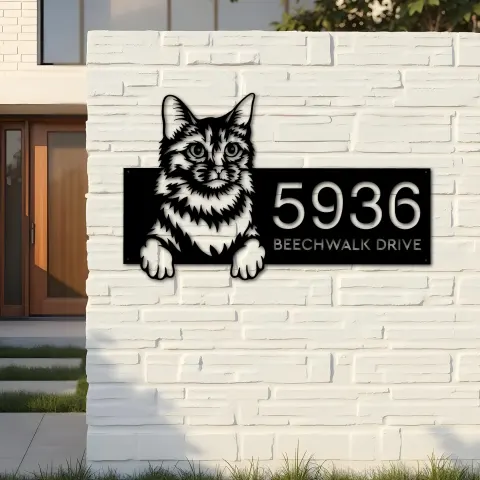 Vista alternativa de Custom Metal Somali Cute peeking cat kitten Metal Address Sign, House number, Outdoor Number Signage, Yard Sign Address Plate