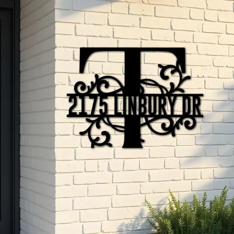 Custom Metal Floral Monogram Split Letter T Metal Address Sign House number Hanging Address Plaque Yard Sign Outdoor decor
