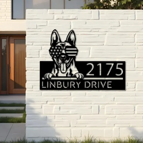 Vista alternativa de Custom Metal Belgian Malinois dog US glasses Metal Address Sign House number Hanging Address Plaque Yard Sign Outdoor decor