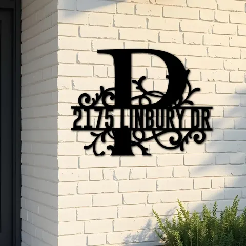 Custom Metal Floral Monogram Split Letter P Metal Address Sign House number Hanging Address Plaque Yard Sign Outdoor decor