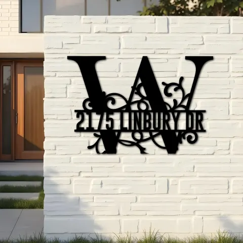 Vue alternative de Custom Metal Floral Monogram Split Letter W Metal Address Sign House number Hanging Address Plaque Yard Sign Outdoor decor