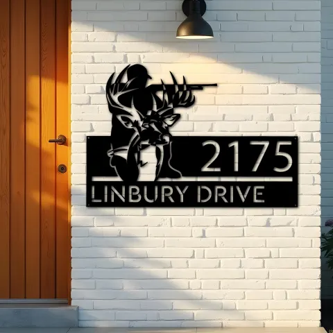 Vue alternative de Custom Metal Deer hunter deer hunting Metal Address Sign, House number, Outdoor Number Signage, Yard Sign Address Plate