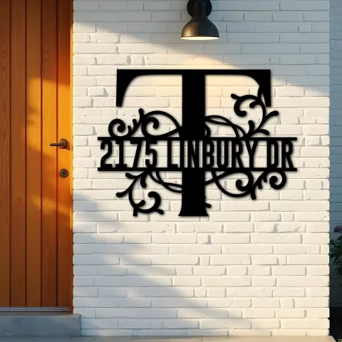 Vue alternative de Custom Metal Floral Monogram Split Letter T Metal Address Sign House number Hanging Address Plaque Yard Sign Outdoor decor