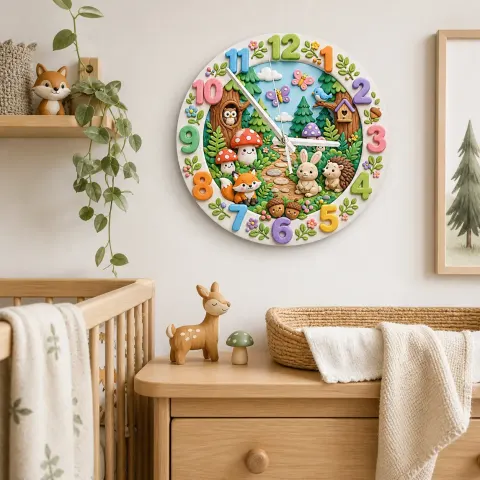Wanduhr mit Waldtieren für Kinderzimmer | Verspielte Natur-Dekoration für das Kinderzimmer, süßes Geschenk zur Babyparty (34,5 cm)